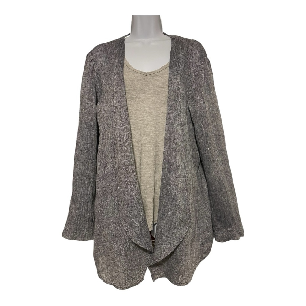 J Jill Pure Jill Womens L Gray Crinkle Gauze Linen Open Cardigan Long Sleeve